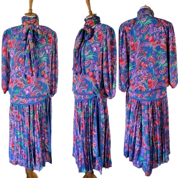 Vintage - 80's Diane Freis Original Blue Floral Georgette Floral 3 Piece‎ Set - Picture 1 of 6